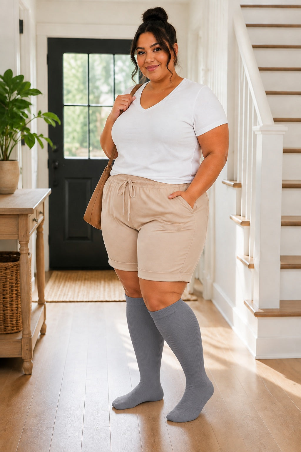 Plus Size Extra Wide Compression Socks 4 Pair Bundle - Plus Size Yin Yang plus size AI model scene wearing Gray variant