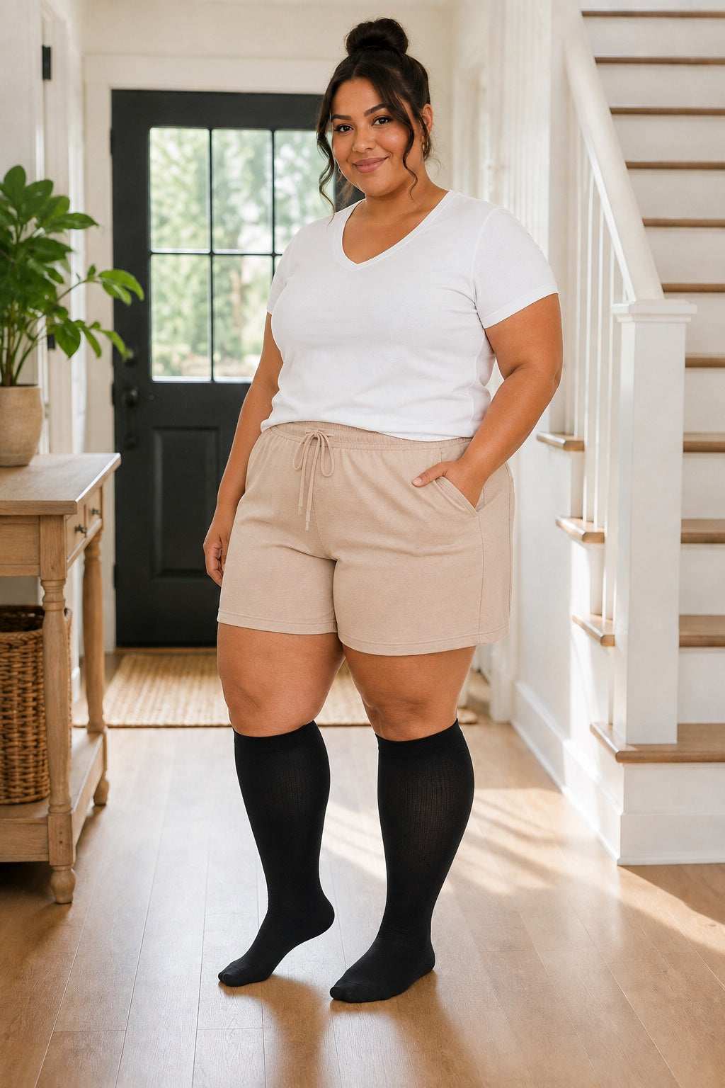 Plus Size Extra Wide Compression Socks 4 Pair Bundle - Deep Color Mix plus size AI model scene wearing Black variant