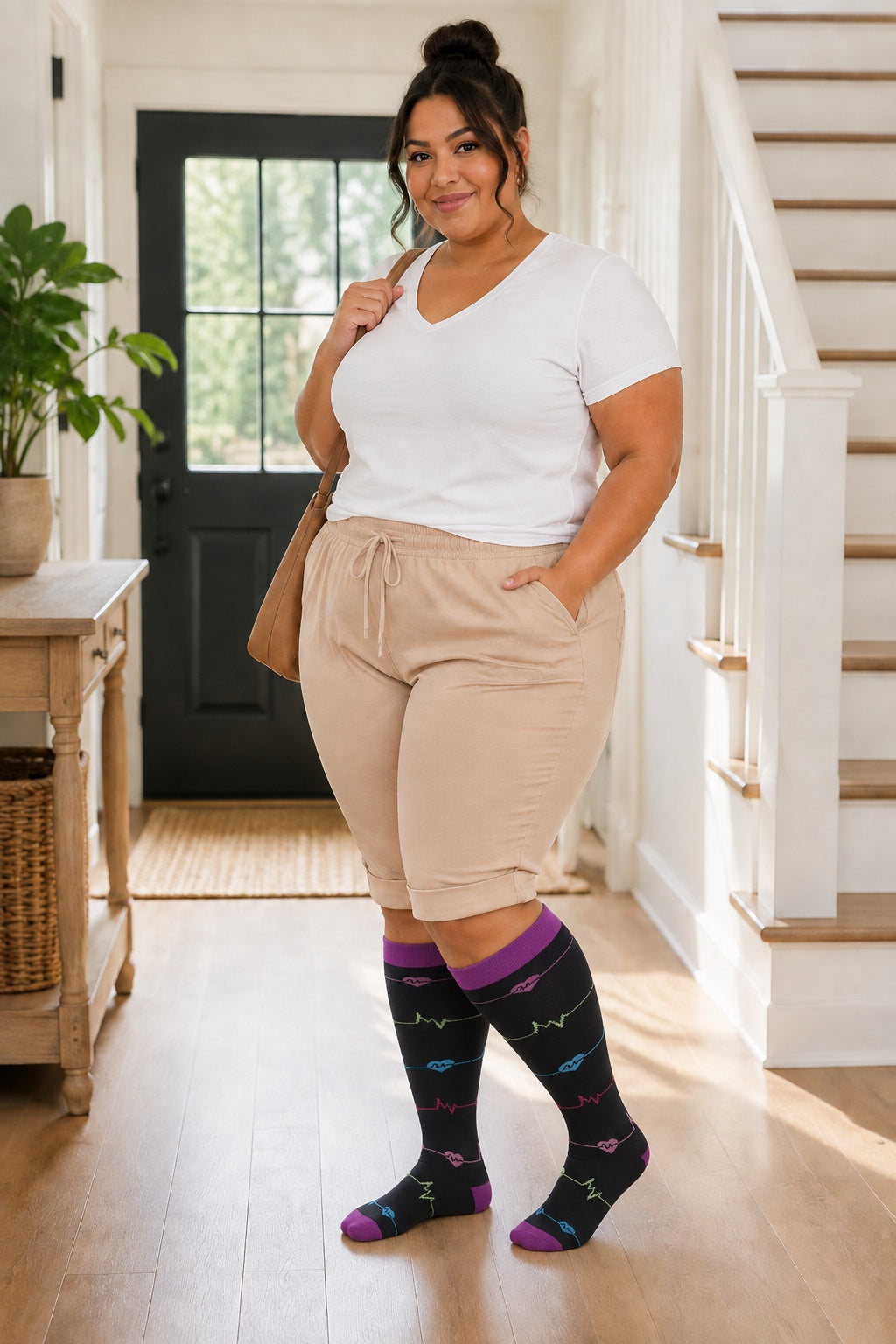Plus Size Extra Wide Compression Socks 4 Pair Bundle - Deep Color Mix plus size AI model scene wearing Purple ECG Pattern variant