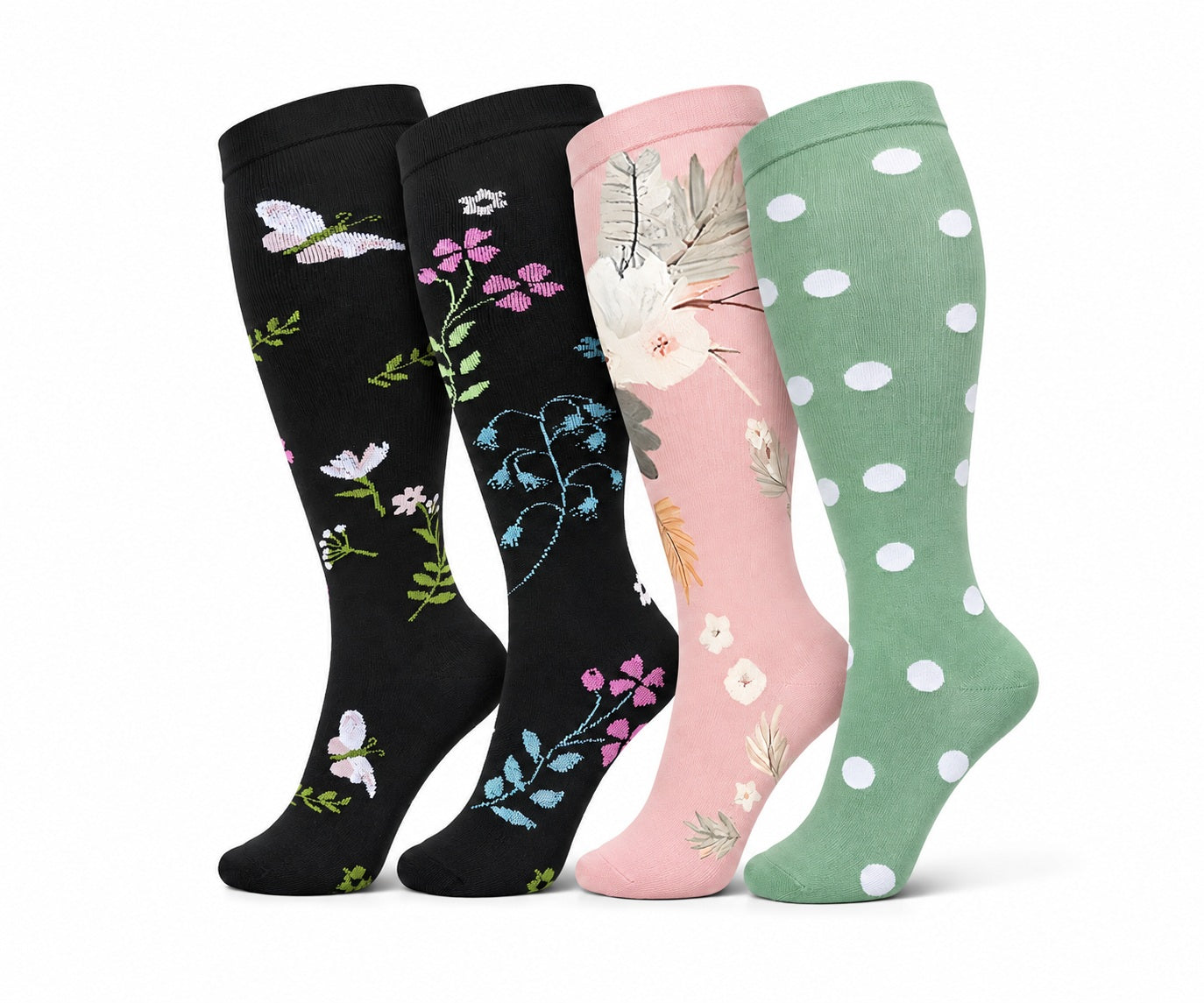 Plus Size Extra Wide Compression Socks 4 Pair Bundle - Pastel Pattern four pair assorted color AI product hero on white background