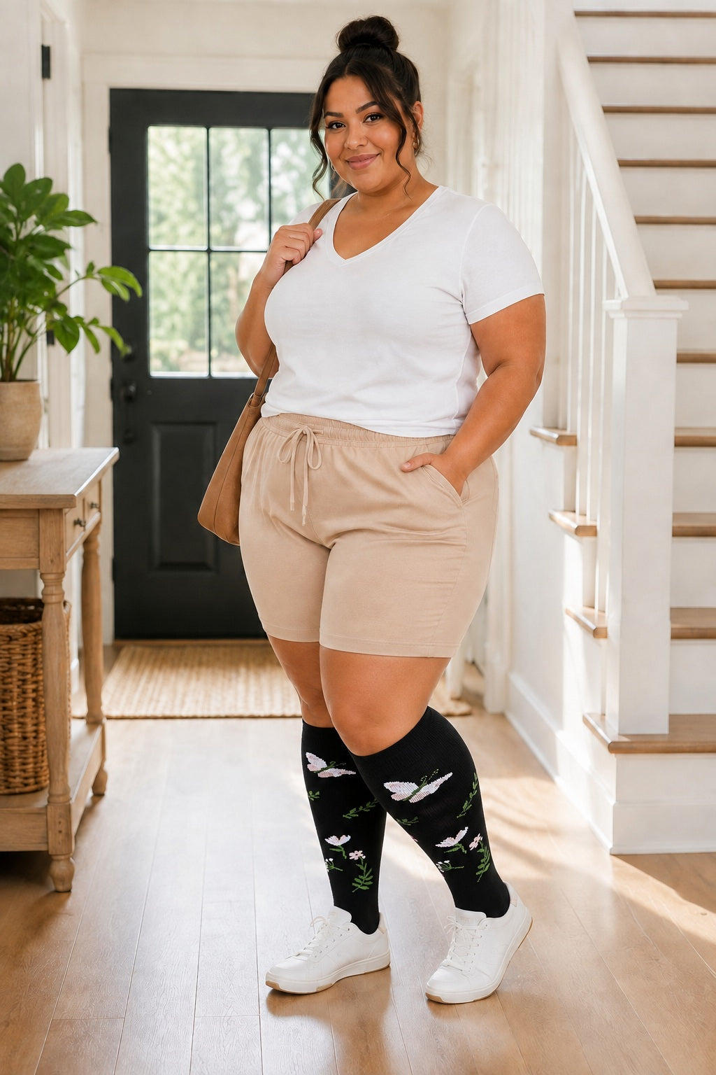 Plus Size Extra Wide Compression Socks 4 Pair Bundle - Pastel Pattern plus size AI model scene wearing White Butterfly variant