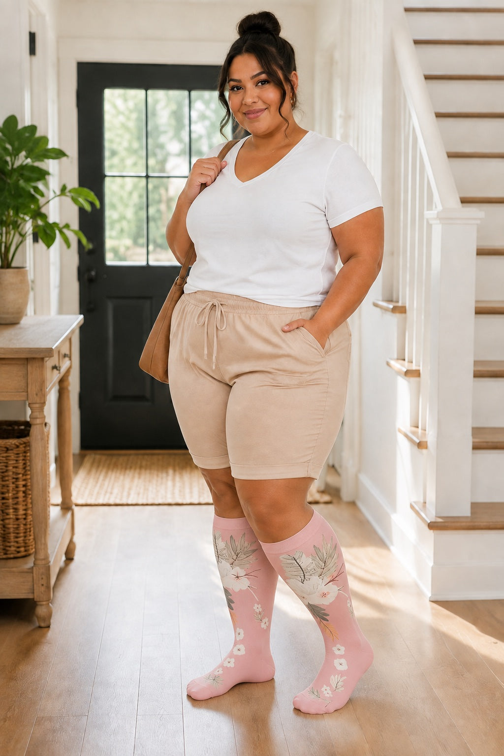 Plus Size Extra Wide Compression Socks 4 Pair Bundle - Pastel Pattern plus size AI model scene wearing Pink Base White Flowers variant