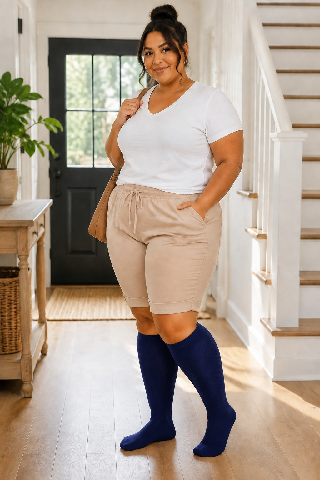 Plus Size Extra Wide Compression Socks 4 Pair Bundle - Neutral Plus Mix plus size AI model scene wearing Navy Blue variant