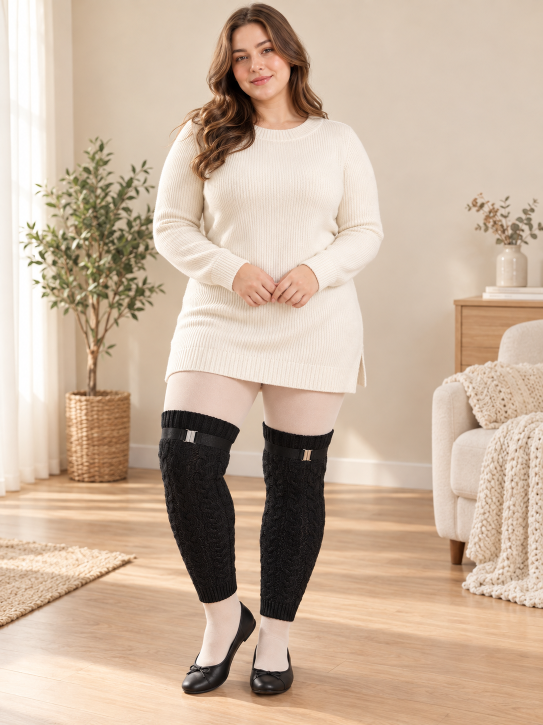 plus-size adult woman wearing Black cable-knit leg warmers with ribbed cuffs, stretched over legs, indoor lifestyle model photo, standing full body
