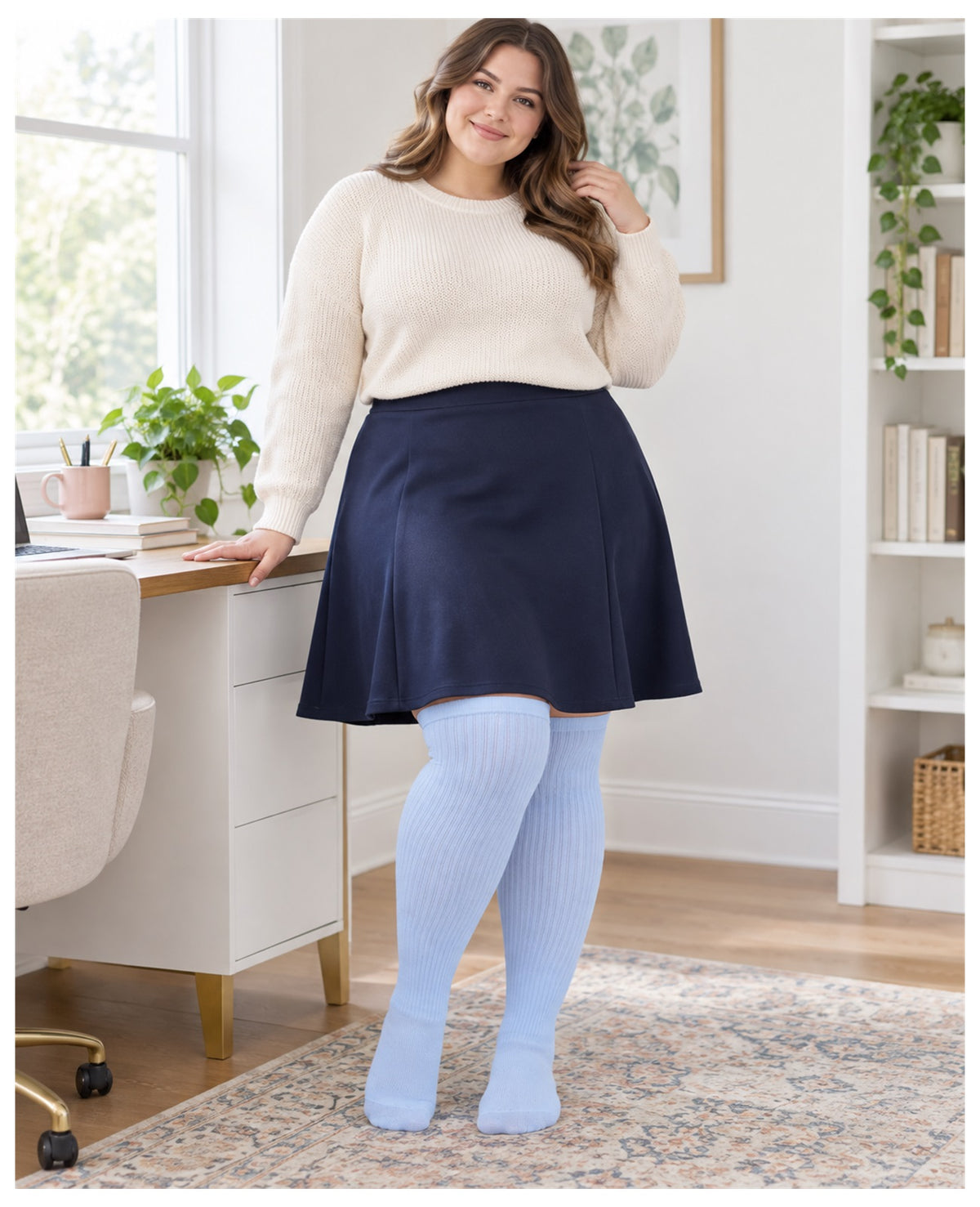 Plus size light blue ribbed knit thigh high stockings on a womens fashion model in an everyday lifestyle scene 2