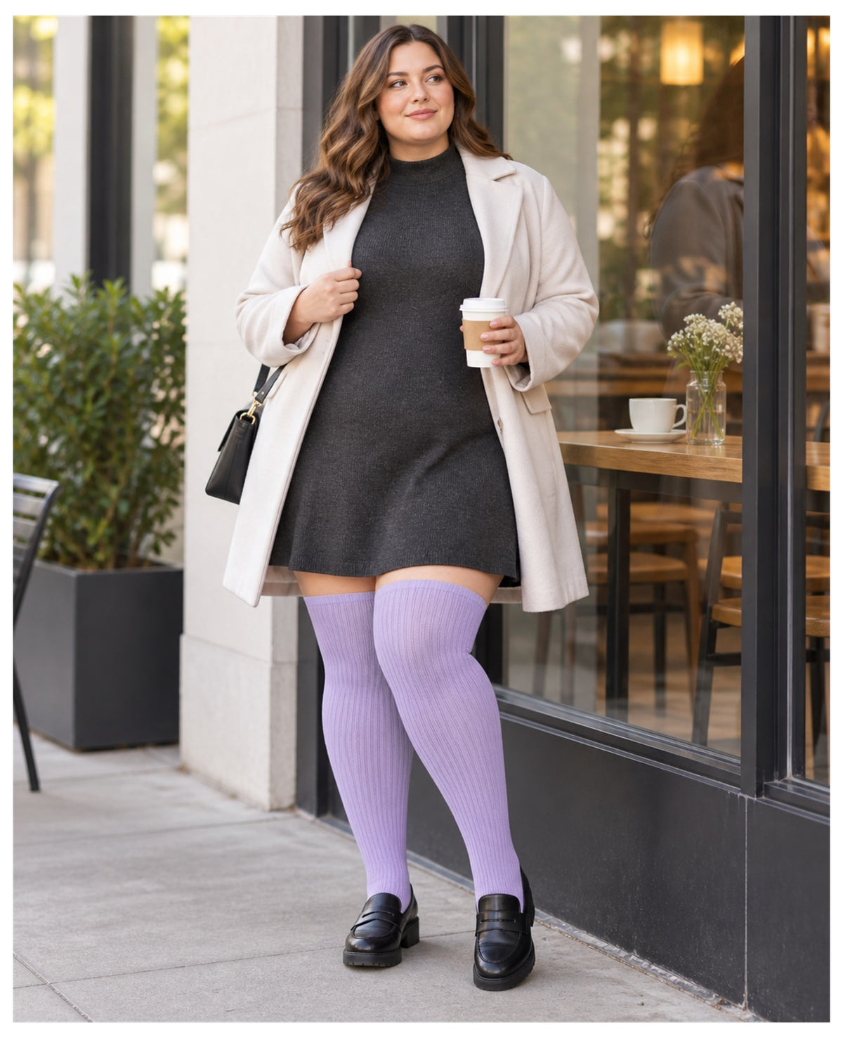Plus size light purple ribbed knit thigh high stockings on a womens fashion model in an everyday lifestyle scene 2