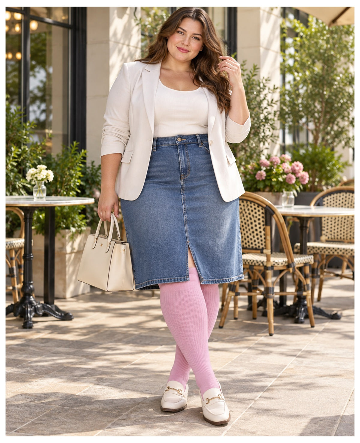 Plus size olive green ribbed knit thigh high stockings on a womens fashion model in an everyday lifestyle scene 1