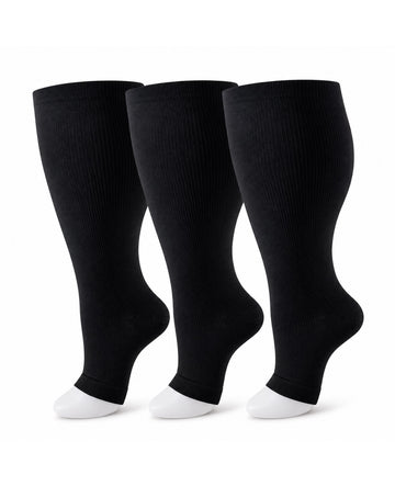 Plus Size Open Toe Compression Socks 3 Pair Set - Black Black Black extra wide plus size open toe compression socks product hero