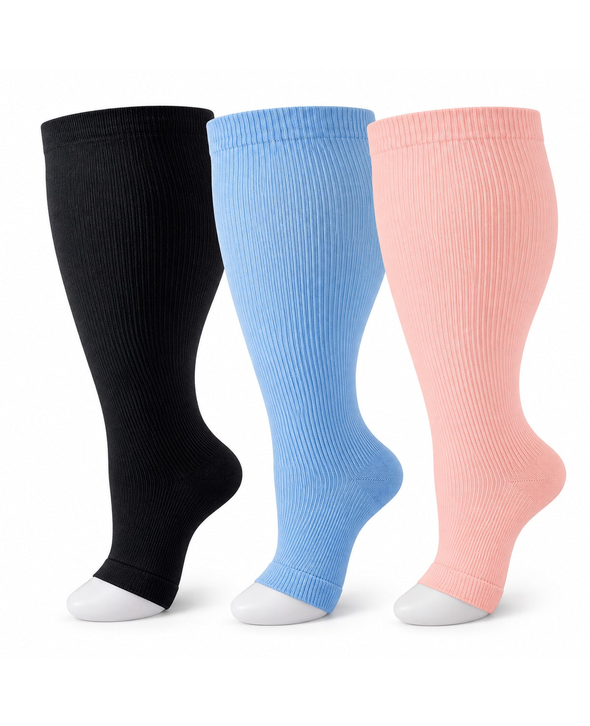 Plus Size Open Toe Compression Socks 3 Pair Set - Black Blue Pink extra wide plus size open toe compression socks product hero