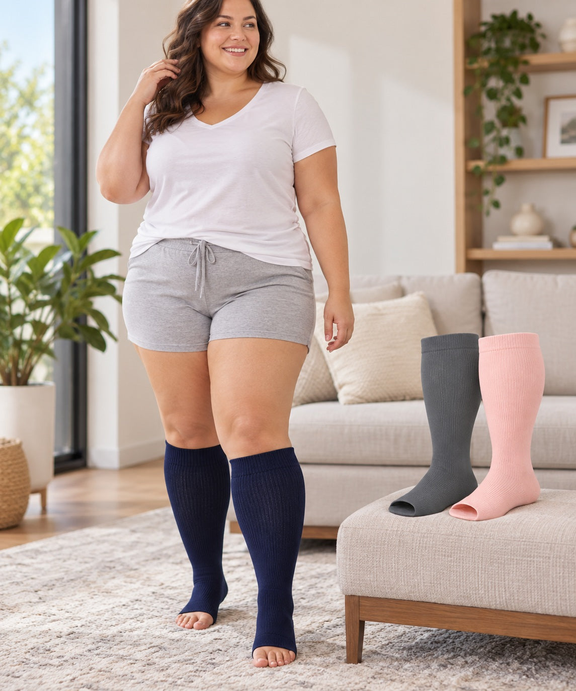 Plus Size Open Toe Compression Socks 3 Pair Set - Black Gray Pink extra wide plus size open toe compression socks female walking scene