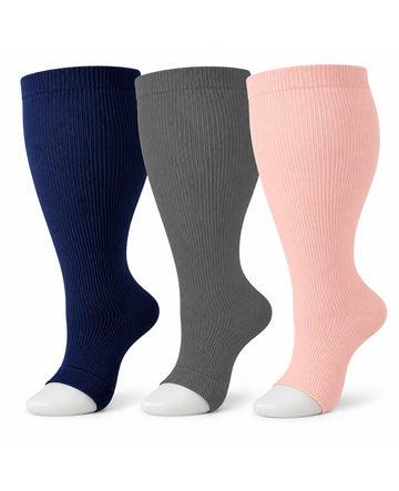 Plus Size Open Toe Compression Socks 3 Pair Set - Black Gray Pink extra wide plus size open toe compression socks product hero