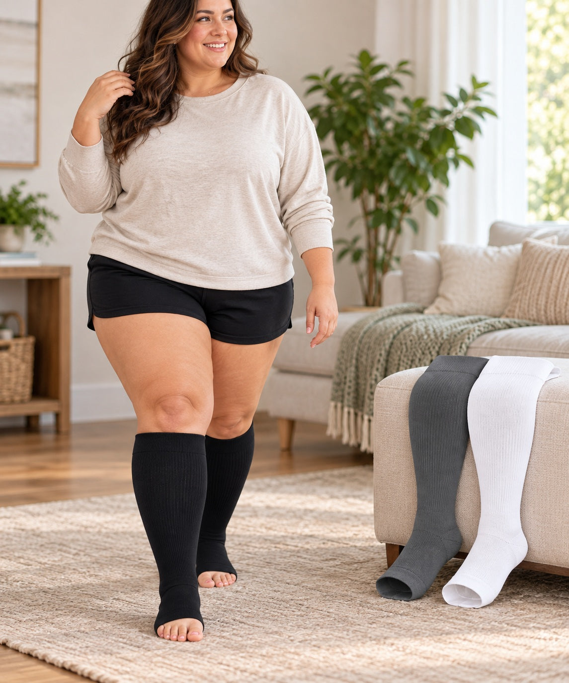 Plus Size Open Toe Compression Socks 3 Pair Set - Black Gray White extra wide plus size open toe compression socks female walking scene