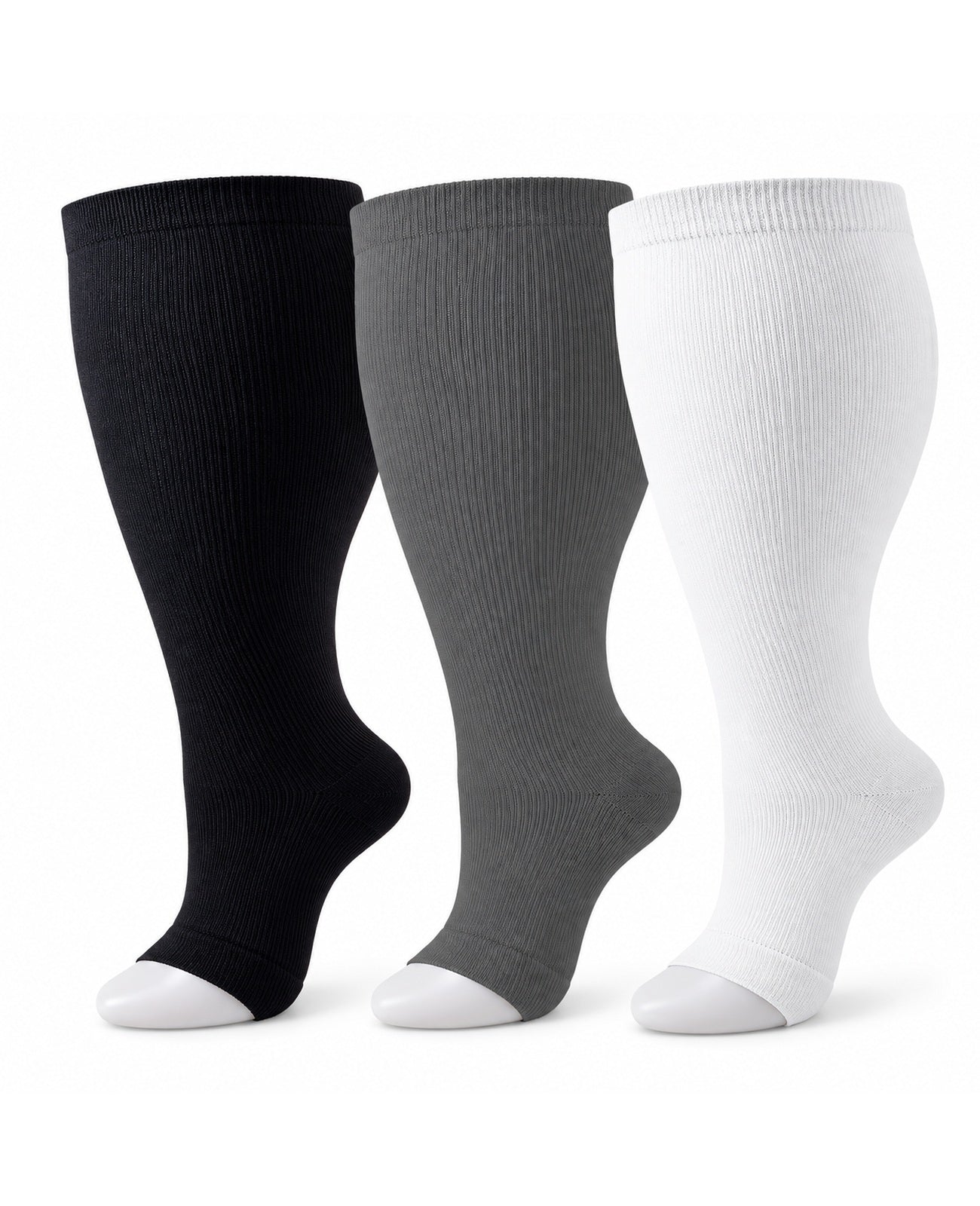 Plus Size Open Toe Compression Socks 3 Pair Set - Black Gray White extra wide plus size open toe compression socks product hero
