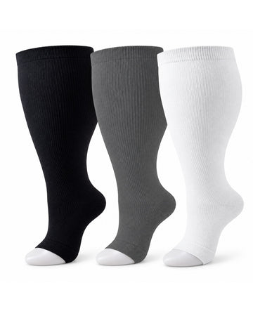 Plus Size Open Toe Compression Socks 3 Pair Set - Black Gray White extra wide plus size open toe compression socks product hero