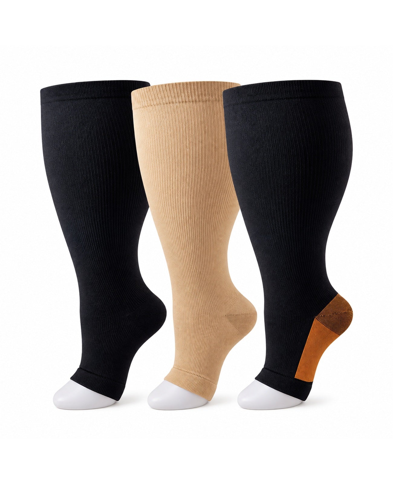 Plus Size Open Toe Compression Socks 3 Pair Set - Black Nude Black Copper extra wide plus size open toe compression socks product hero