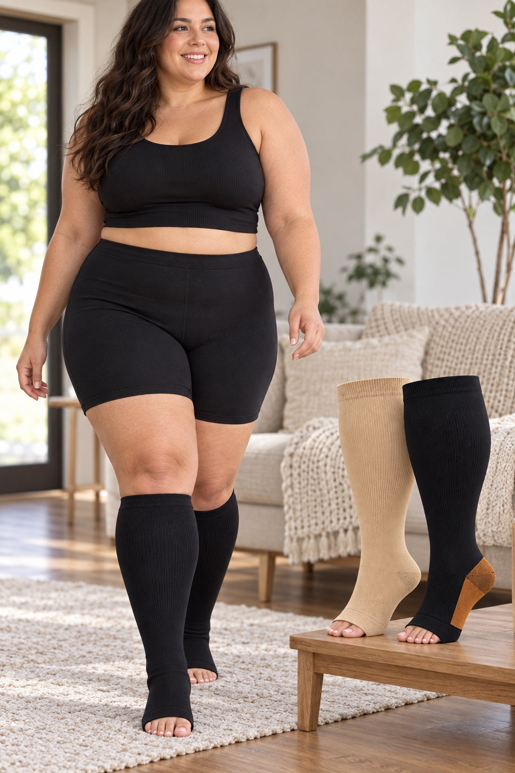 Plus Size Open Toe Compression Socks 3 Pair Set - Black Nude Black Copper extra wide plus size open toe compression socks male sport scene