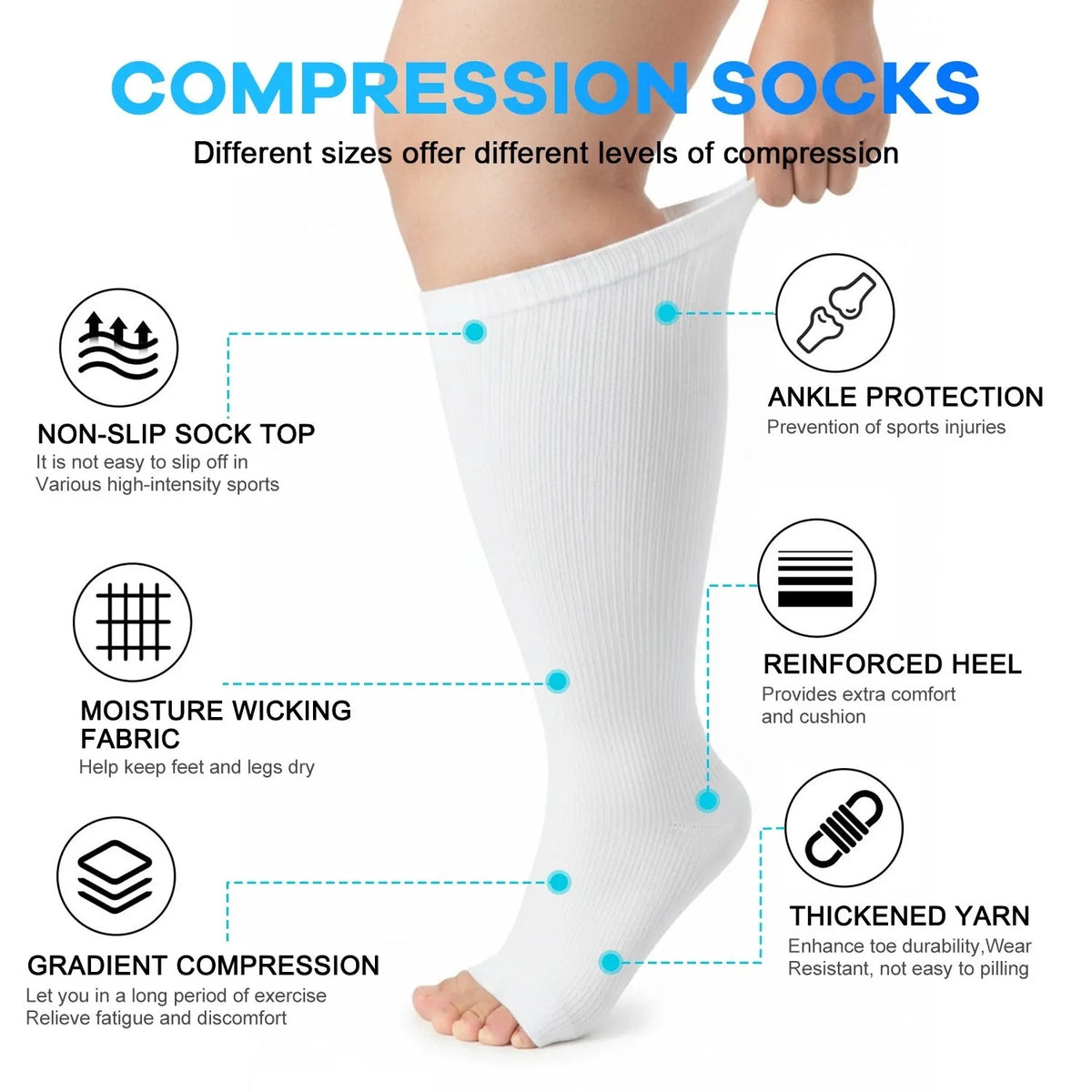 Plus Size Open Toe Compression Socks 3 Pair Set - Dark Gradient compression sock features and open toe details