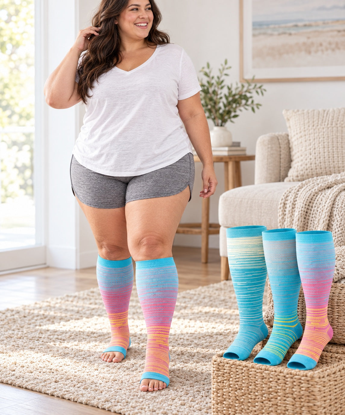 Plus Size Open Toe Compression Socks 3 Pair Set - Light Gradient extra wide plus size open toe compression socks female walking scene