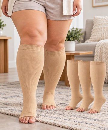 Plus Size Open Toe Compression Socks 3 Pair Set - Nude Nude Nude extra wide plus size open toe compression socks female walking scene