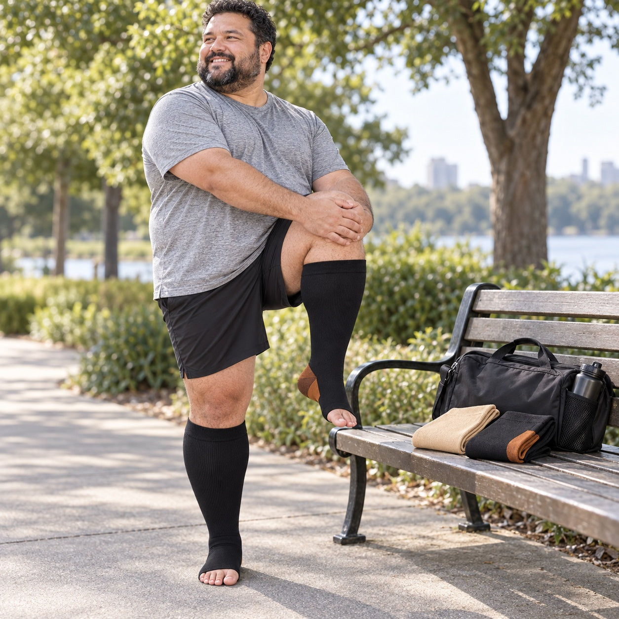 Plus Size Open Toe Compression Socks 3 Pair Set - Pieced Black extra wide plus size open toe compression socks female walking scene