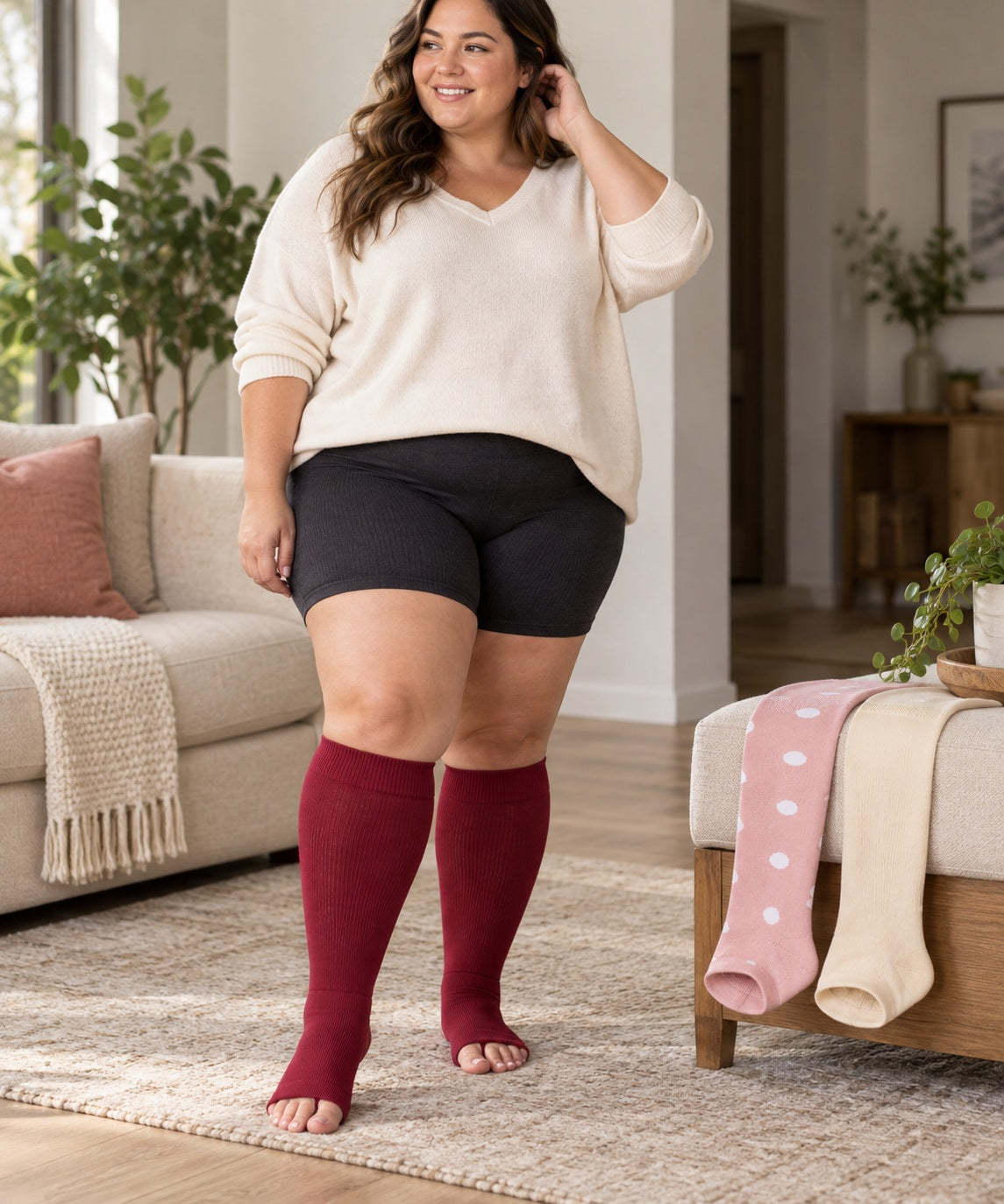 Plus Size Open Toe Compression Socks 3 Pair Set - Wine Red Pink Dots Beige extra wide plus size open toe compression socks female walking scene