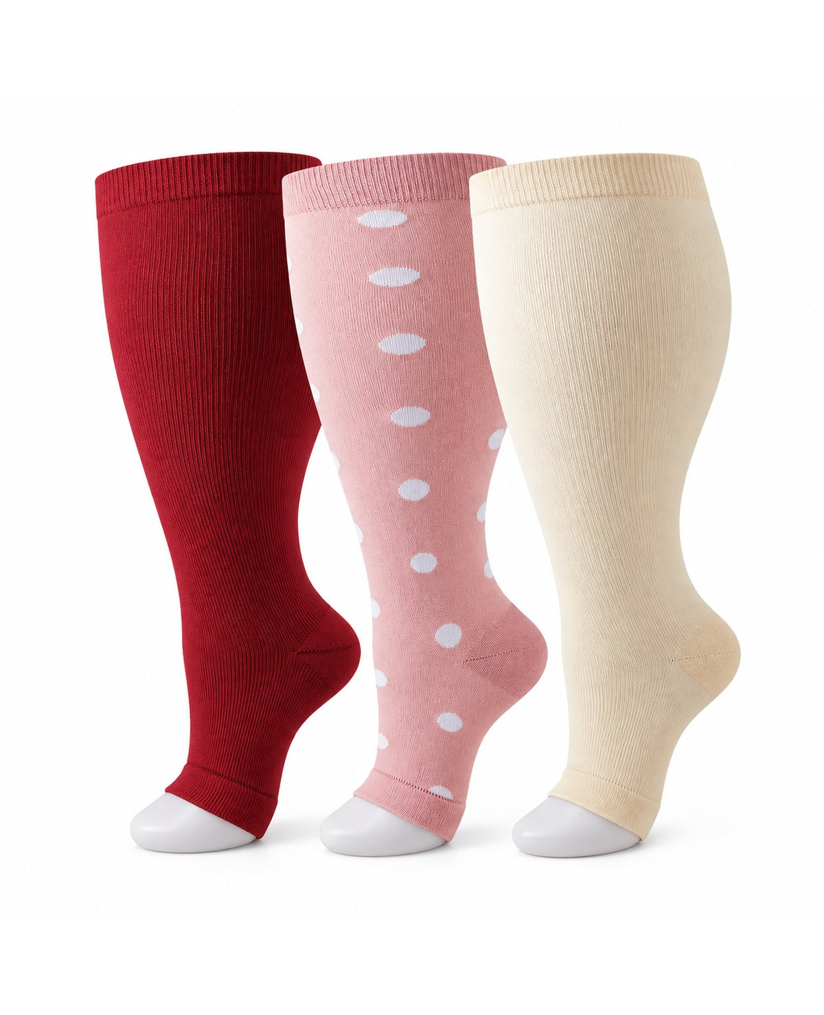 Plus Size Open Toe Compression Socks 3 Pair Set - Wine Red Pink Dots Beige extra wide plus size open toe compression socks product hero