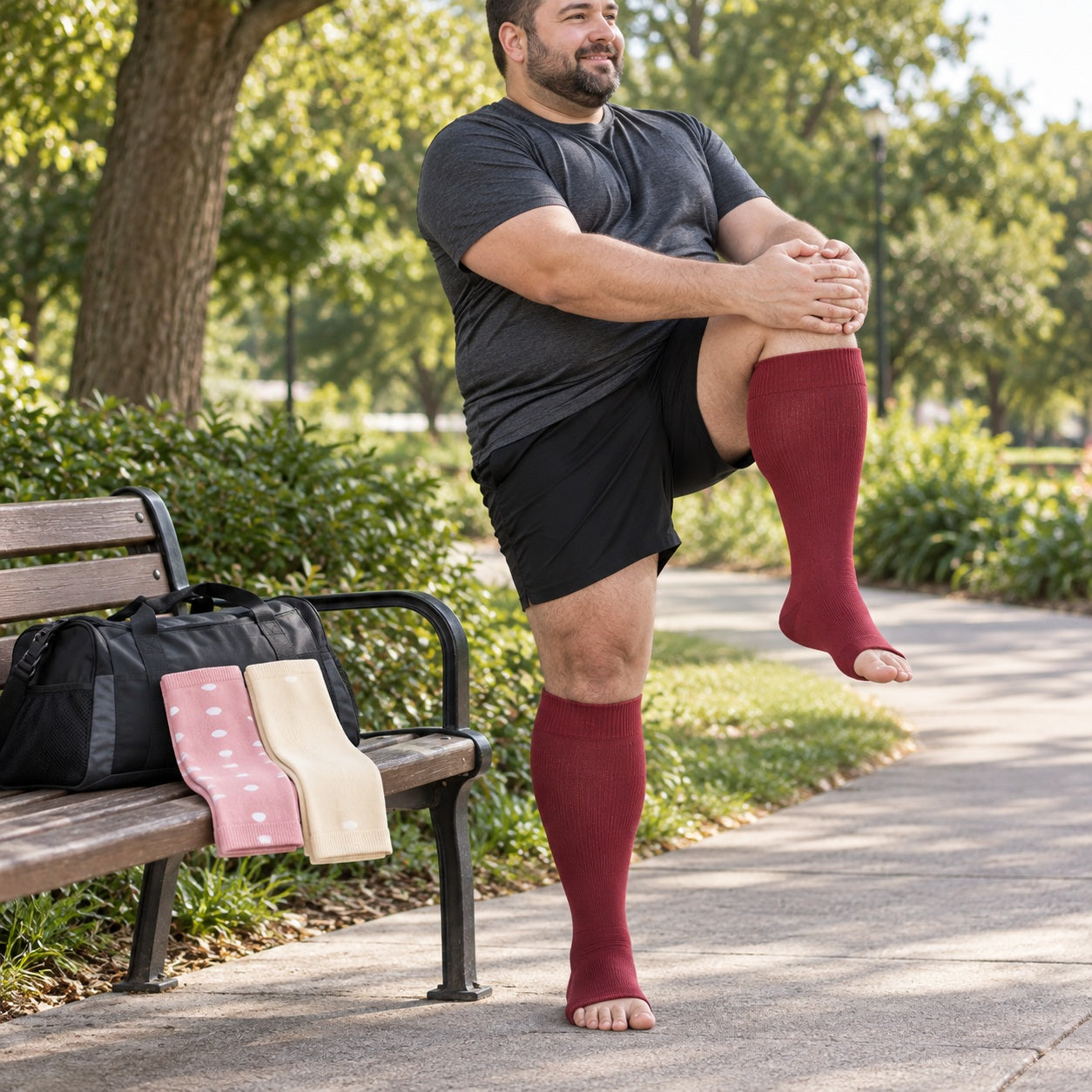 Plus Size Open Toe Compression Socks 3 Pair Set - Wine Red Pink Dots Beige extra wide plus size open toe compression socks male sport scene