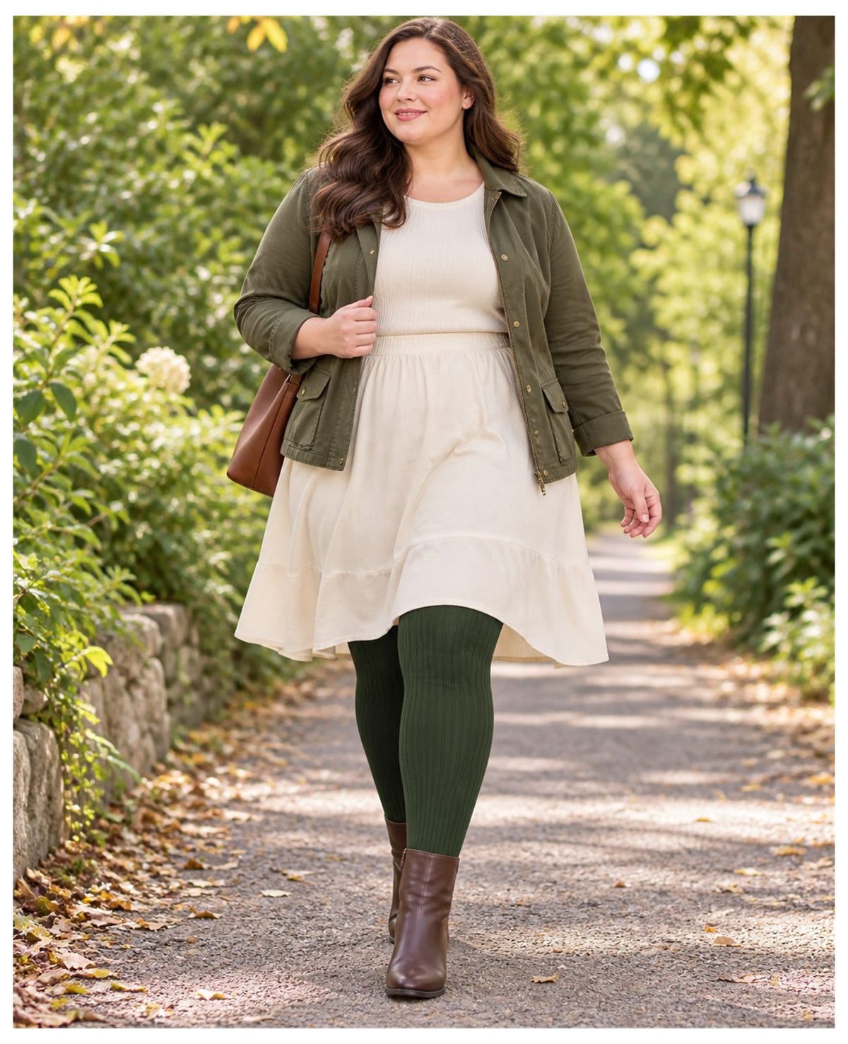 Plus size pale pink ribbed knit thigh high stockings on a womens fashion model in an everyday lifestyle scene 2