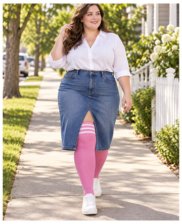 Plus size rose and white striped ribbed knit thigh high stockings on a womens fashion model in an everyday lifestyle scene 1