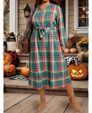 Bulk Plus Size Sized Retro Long Sleeved Dress Features Red Blue Beige V Neck 3 Pcs view 1