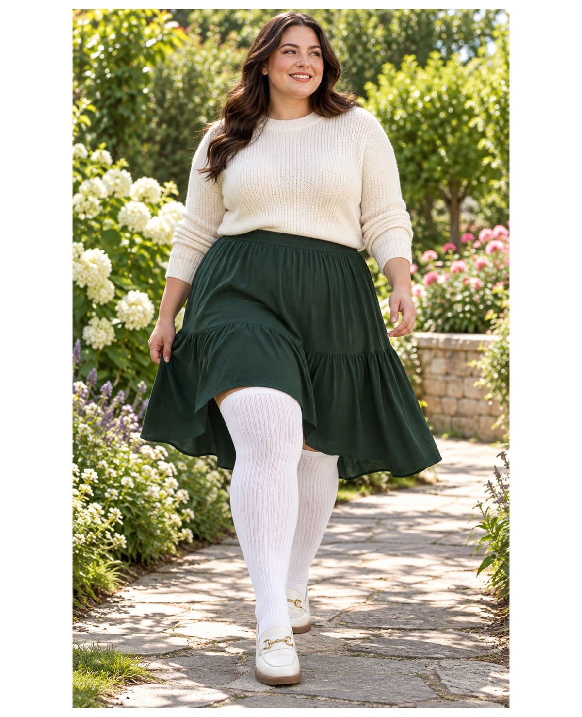 Plus size white ribbed knit thigh high stockings on a womens fashion model in an everyday lifestyle scene 1