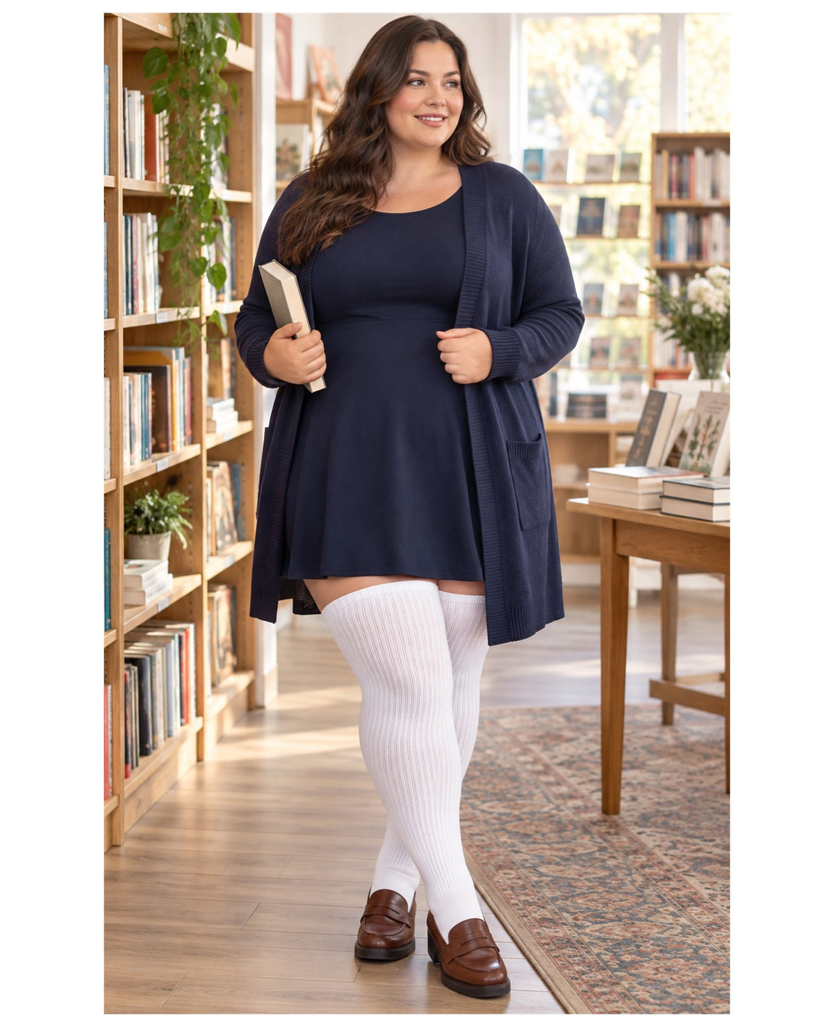 Plus size white ribbed knit thigh high stockings on a womens fashion model in an everyday lifestyle scene 2