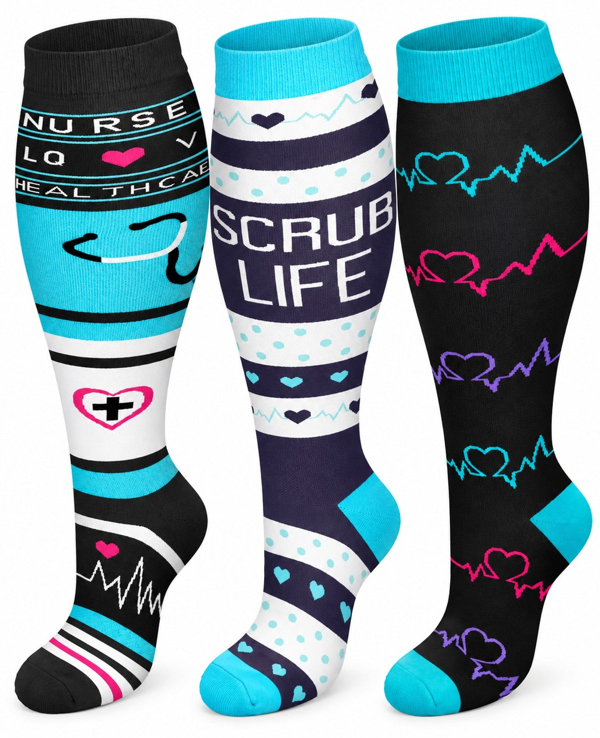 Plus Size Wide Calf Compression Socks 3 Pair Bundle - Blue Medical Mix plus size wide calf compression socks three pair hero