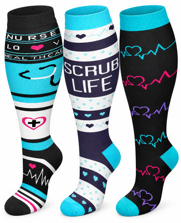 Plus Size Wide Calf Compression Socks 3 Pair Bundle - Blue Medical Mix plus size wide calf compression socks three pair hero