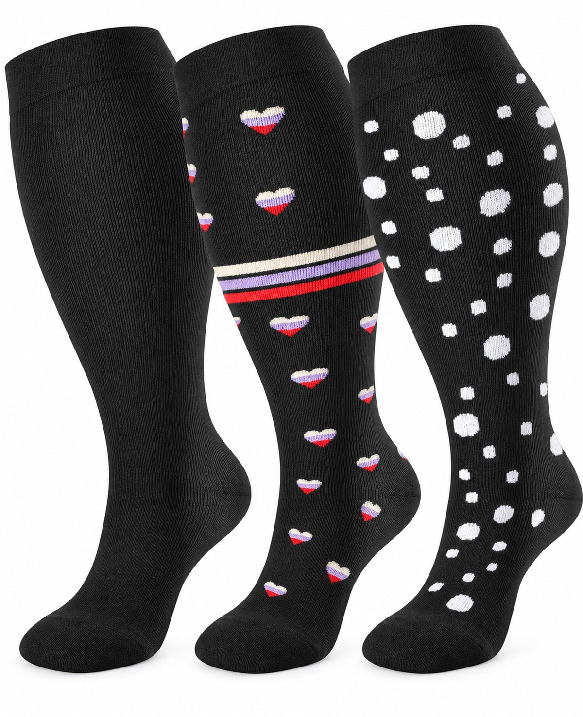 Plus Size Wide Calf Compression Socks 3 Pair Bundle - Blue Dot Contrast plus size wide calf compression socks three pair hero