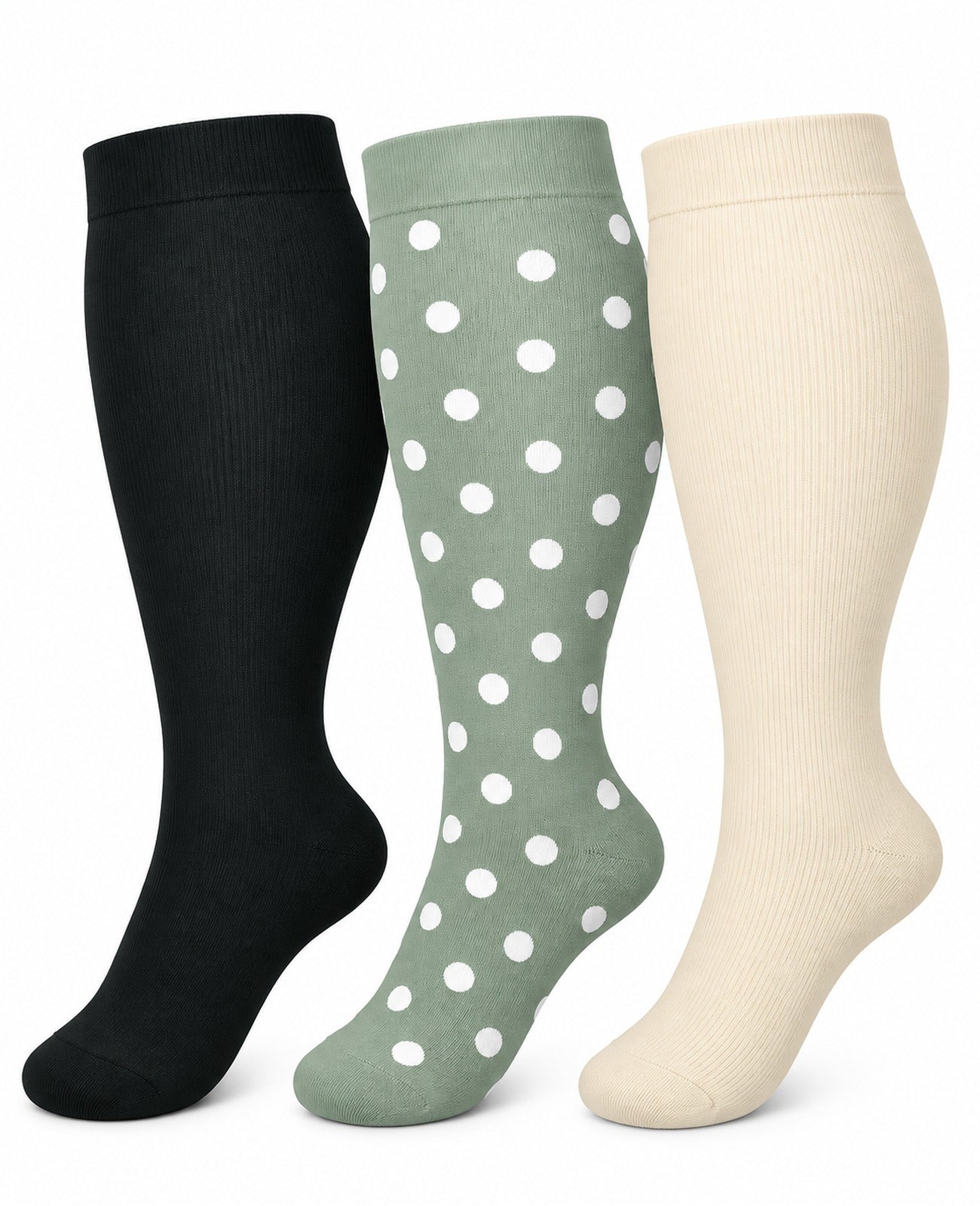 Plus Size Wide Calf Compression Socks 3 Pair Bundle - Green Dot Neutral plus size wide calf compression socks three pair hero