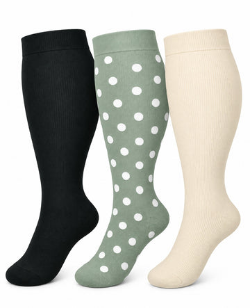Plus Size Wide Calf Compression Socks 3 Pair Bundle - Green Dot Neutral plus size wide calf compression socks three pair hero