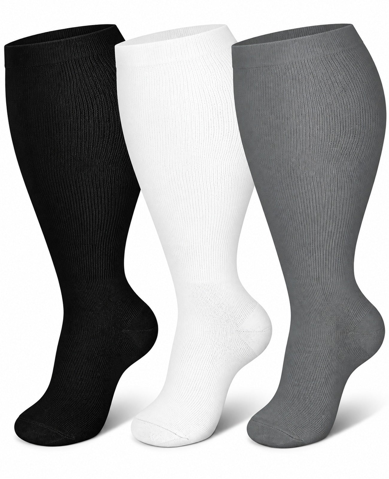 Plus Size Wide Calf Compression Socks 3 Pair Bundle - Black White Gray Mix plus size wide calf compression socks three pair hero