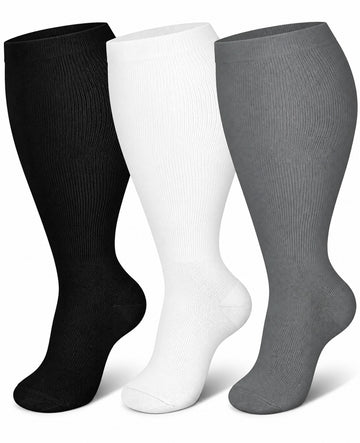 Plus Size Wide Calf Compression Socks 3 Pair Bundle - Black White Gray Mix plus size wide calf compression socks three pair hero