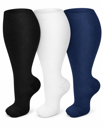 Plus Size Wide Calf Compression Socks 3 Pair Bundle - Black White Navy Mix plus size wide calf compression socks three pair hero