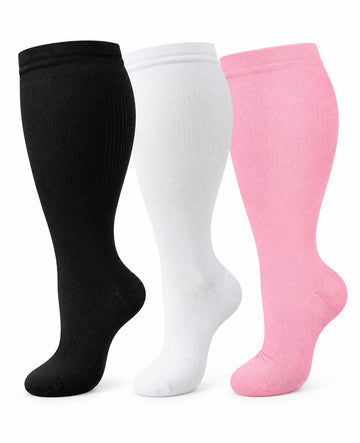 Plus Size Wide Calf Compression Socks 3 Pair Bundle - Black White Pink Mix plus size wide calf compression socks three pair hero