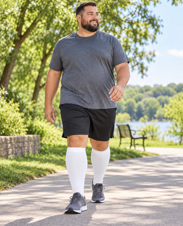 Plus Size Wide Calf Compression Socks 3 Pair Bundle - Black White Pink Mix plus size model lifestyle scene