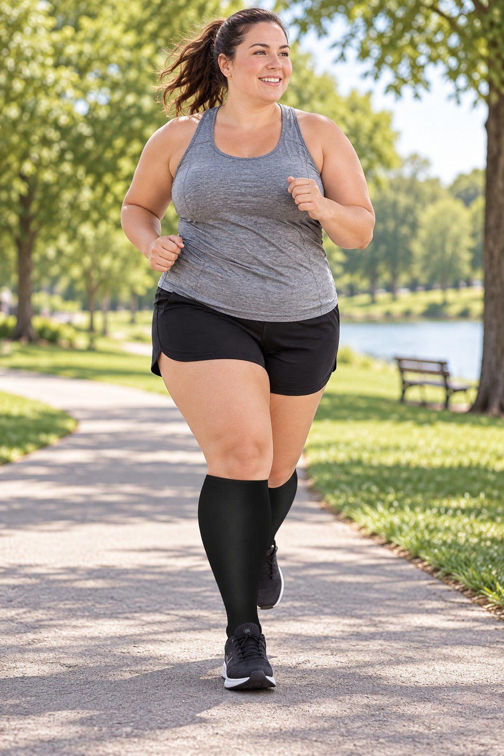 Plus Size Wide Calf Compression Socks 3 Pair Bundle - Black Essentials plus size woman running in matching black compression socks