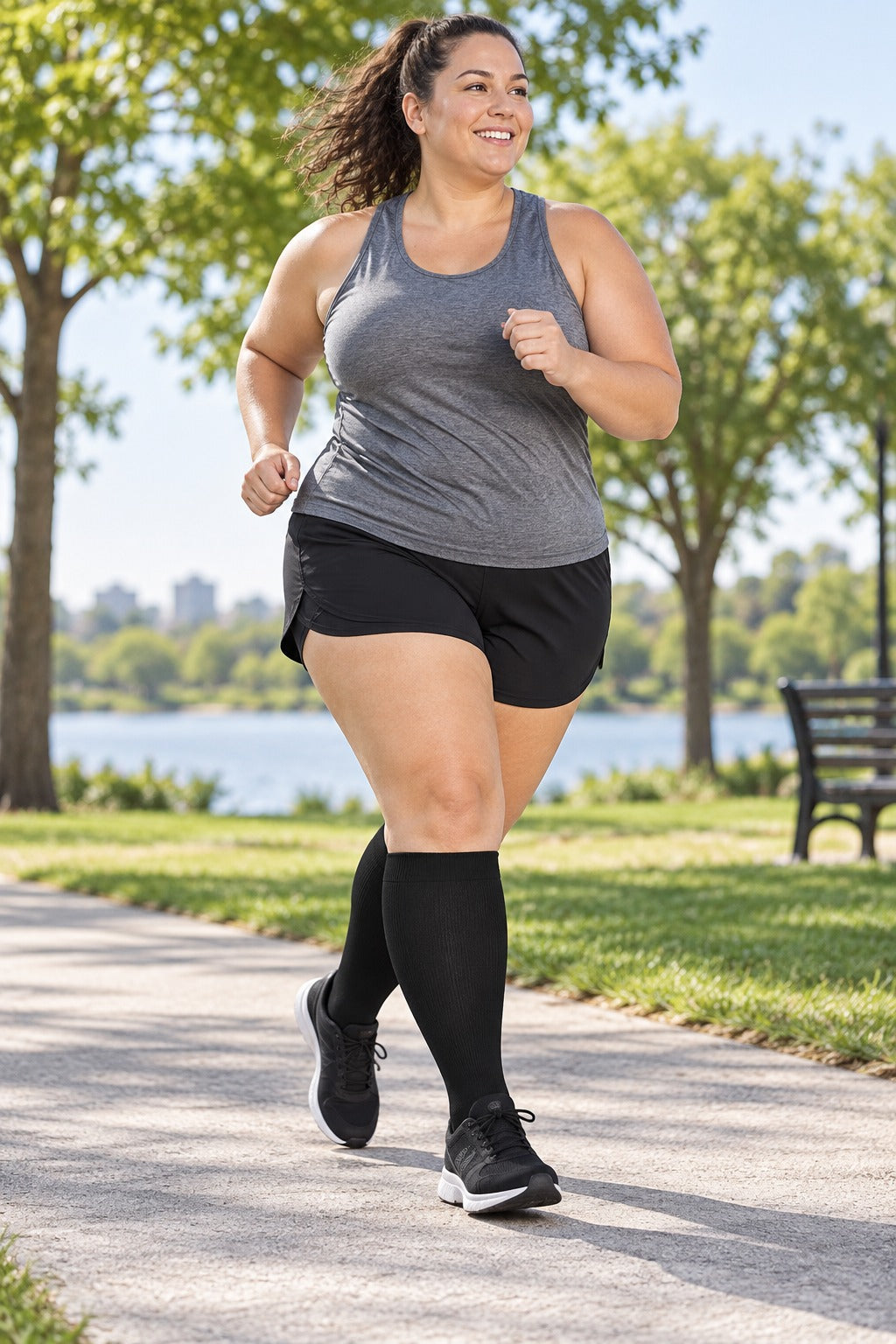 Plus Size Wide Calf Compression Socks 3 Pair Bundle - Black White Gray Mix plus size woman running in matching black compression socks