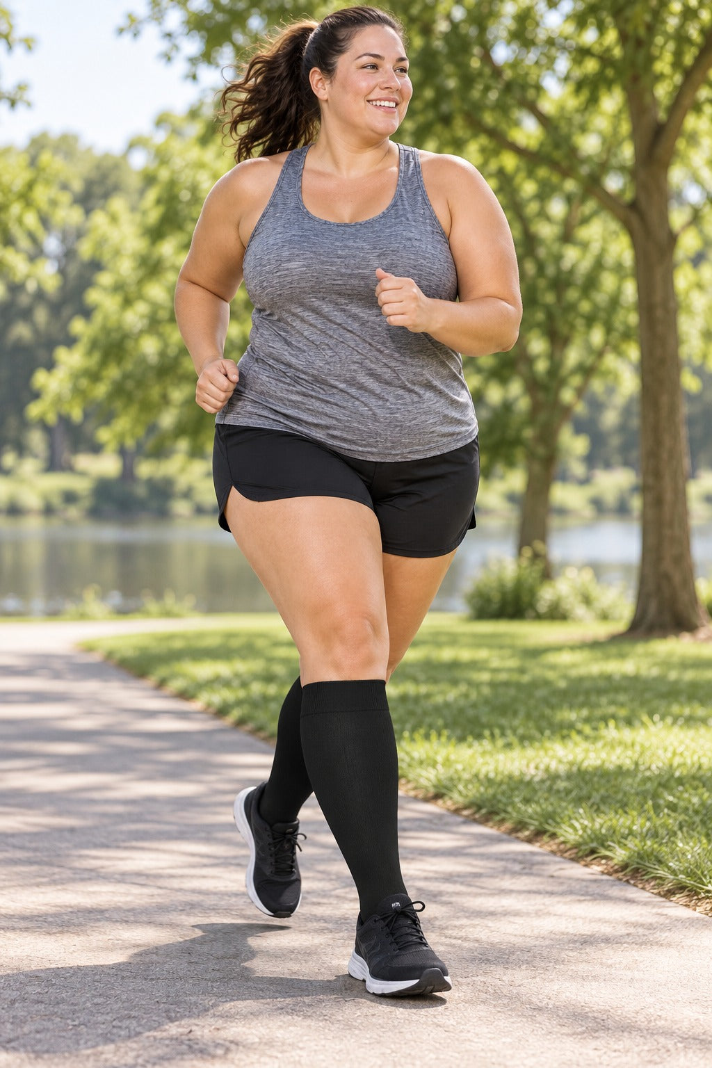Plus Size Wide Calf Compression Socks 3 Pair Bundle - Black White Navy Mix plus size woman running in matching black compression socks