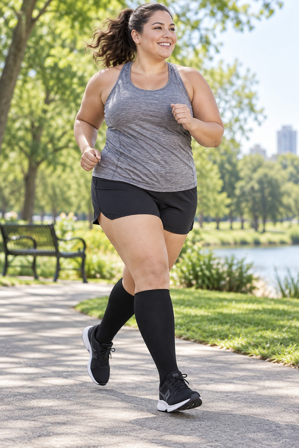 Plus Size Wide Calf Compression Socks 3 Pair Bundle - Black White Nude Mix plus size woman running in matching black compression socks