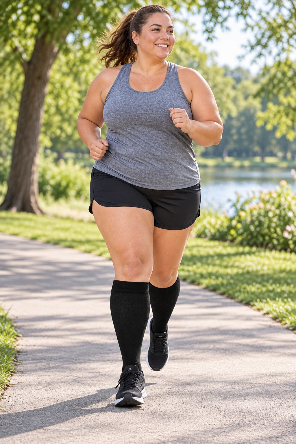 Plus Size Wide Calf Compression Socks 3 Pair Bundle - Black White Pink Mix plus size woman running in matching black compression socks