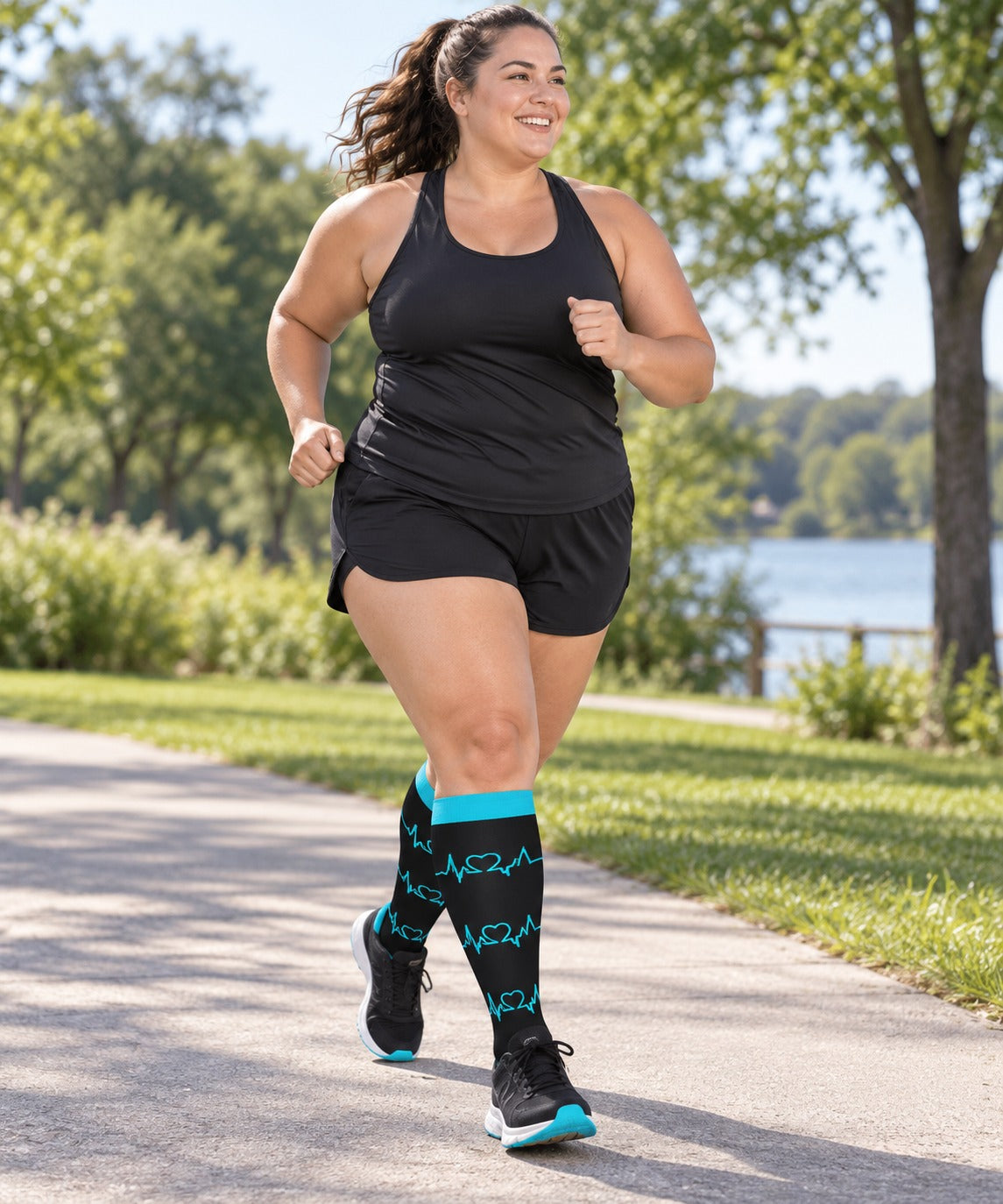 Plus Size Wide Calf Compression Socks 3 Pair Bundle - Blue Medical Mix plus size woman running in matching black and blue ECG pattern compression socks