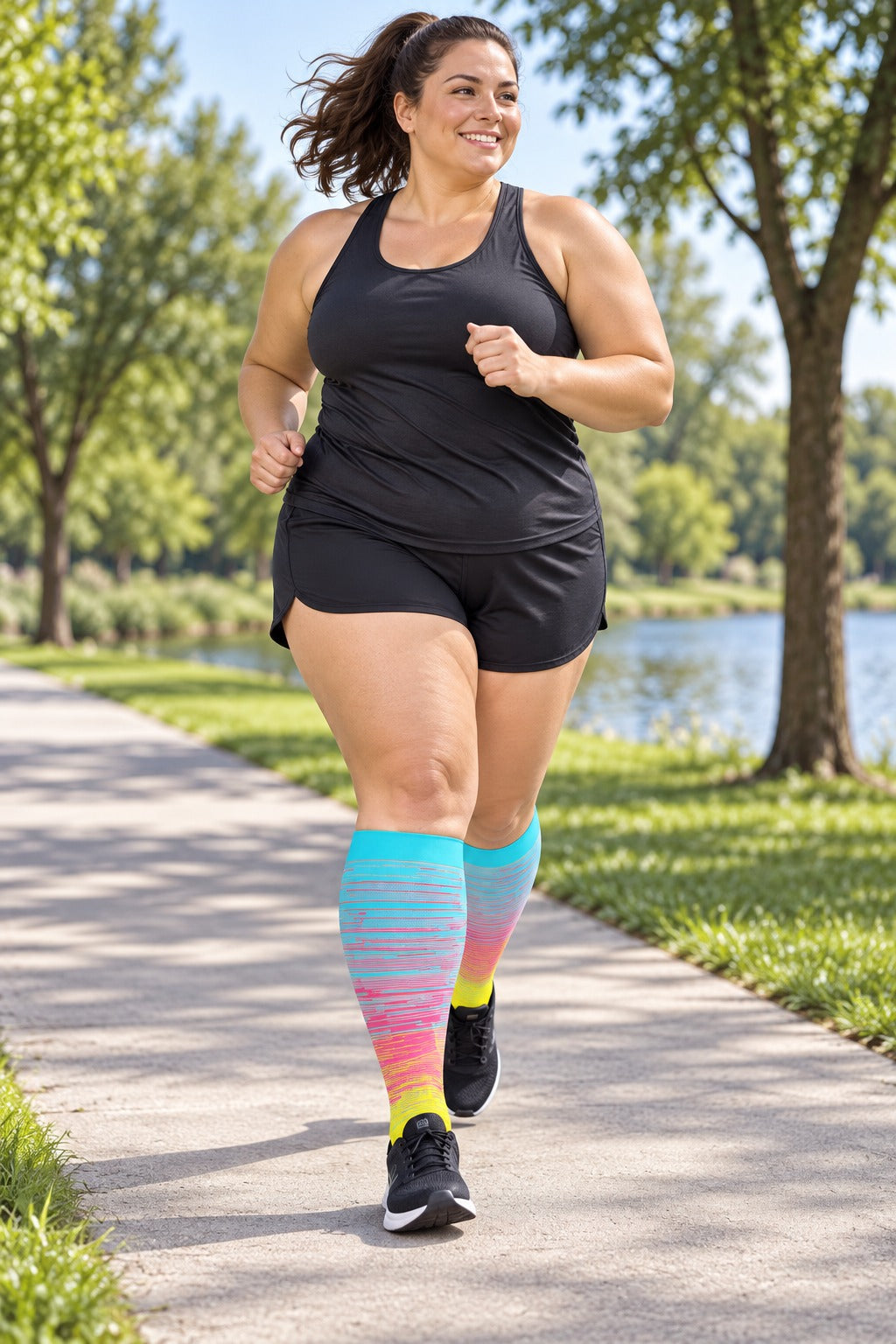 Plus Size Wide Calf Compression Socks 3 Pair Bundle - Bright Gradient Mix plus size woman running in matching yellow-blue gradient compression socks