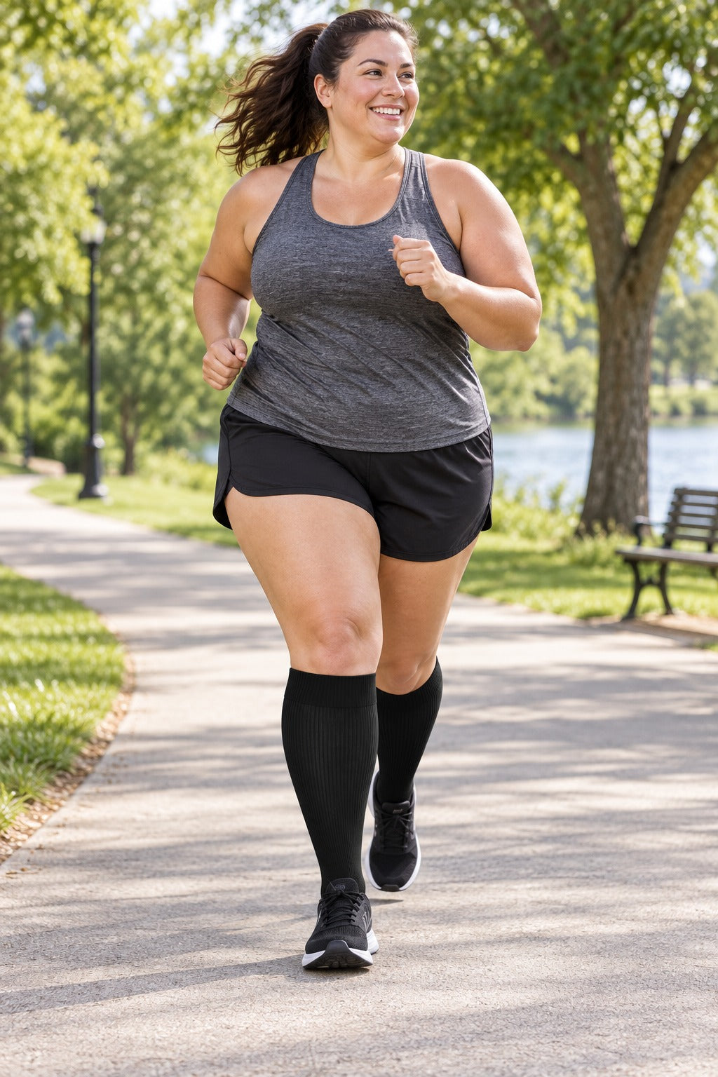Plus Size Wide Calf Compression Socks 3 Pair Bundle - Classic Neutral Mix plus size woman running in matching black compression socks
